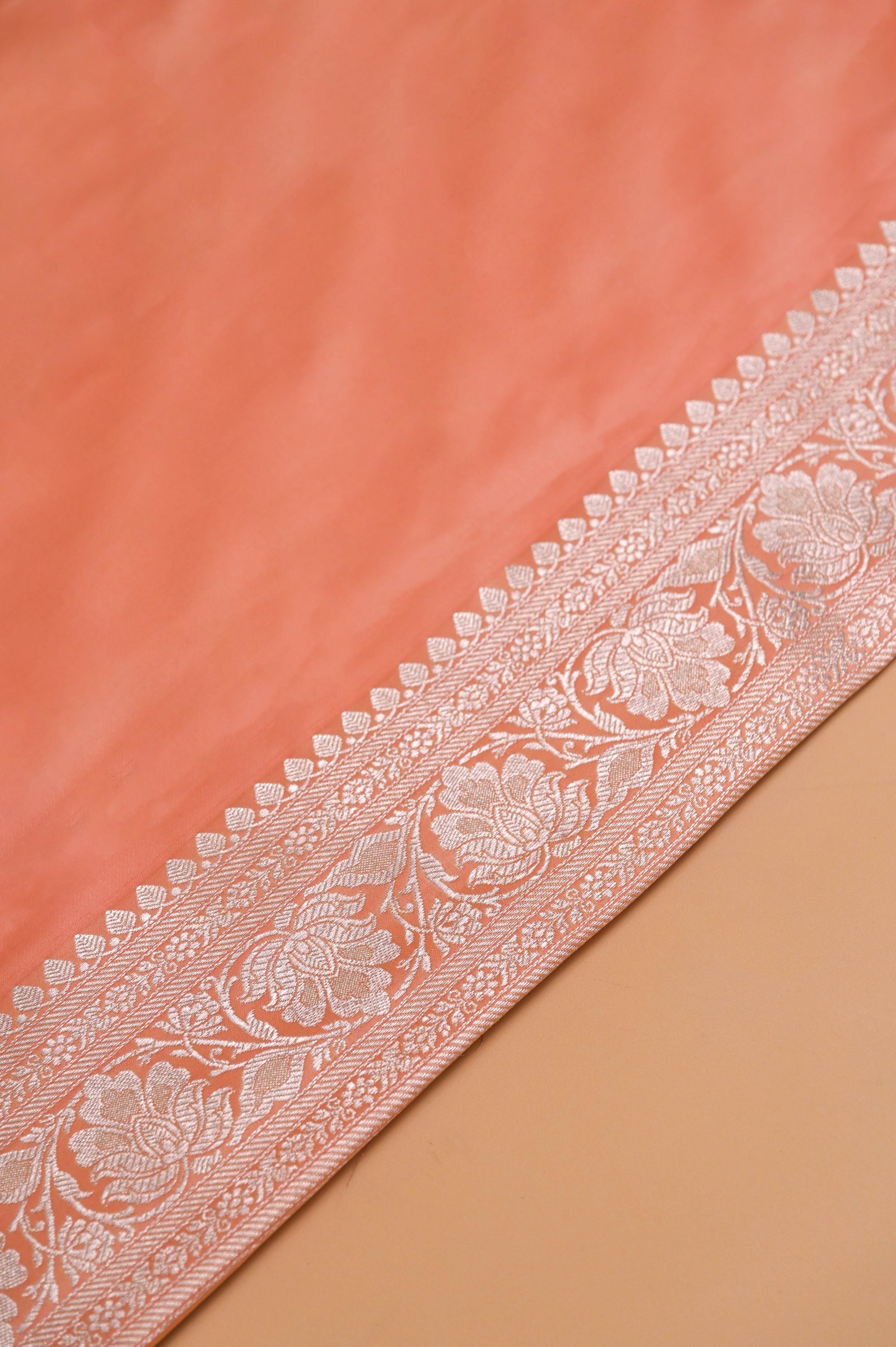 Peach floral Jangla Silver  Zari Handwoven Katan Silk Banarasi Saree